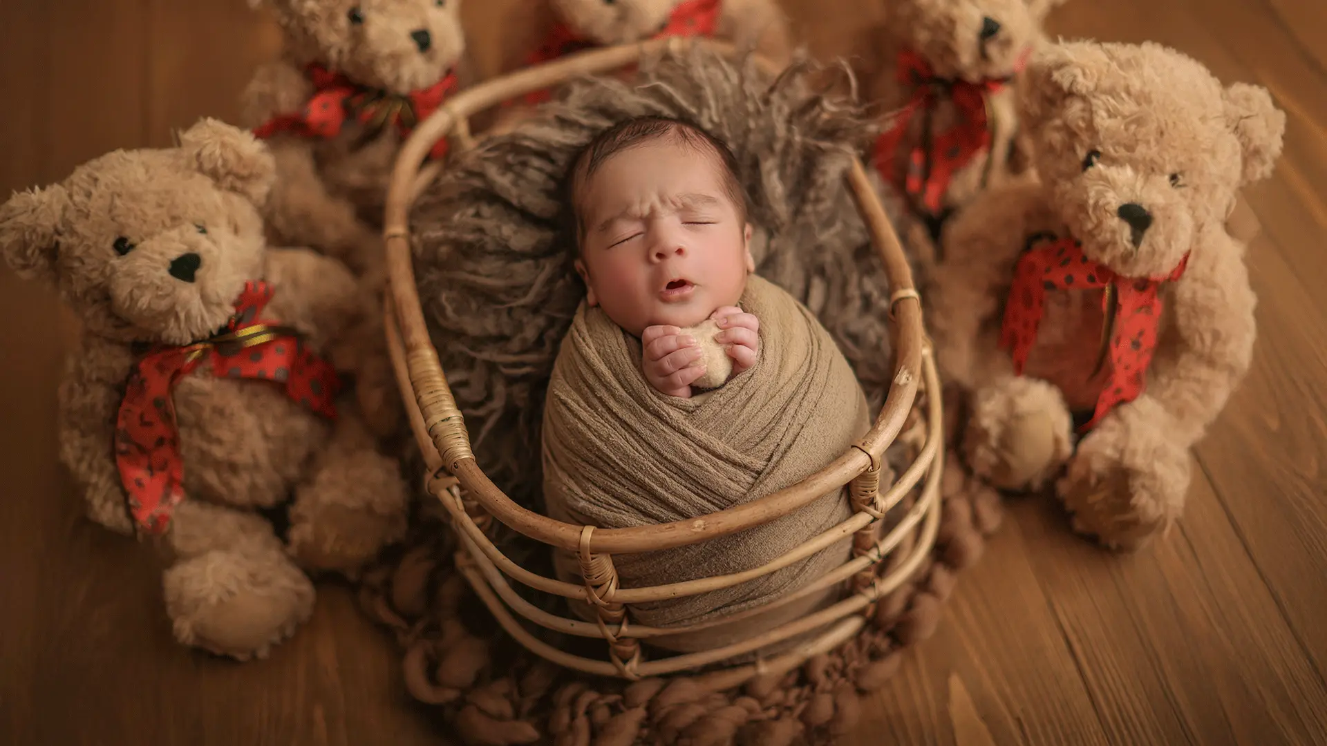 نمونه عکس نوزاد در کرج با تم خرس تدی و دکور سبد حصیری